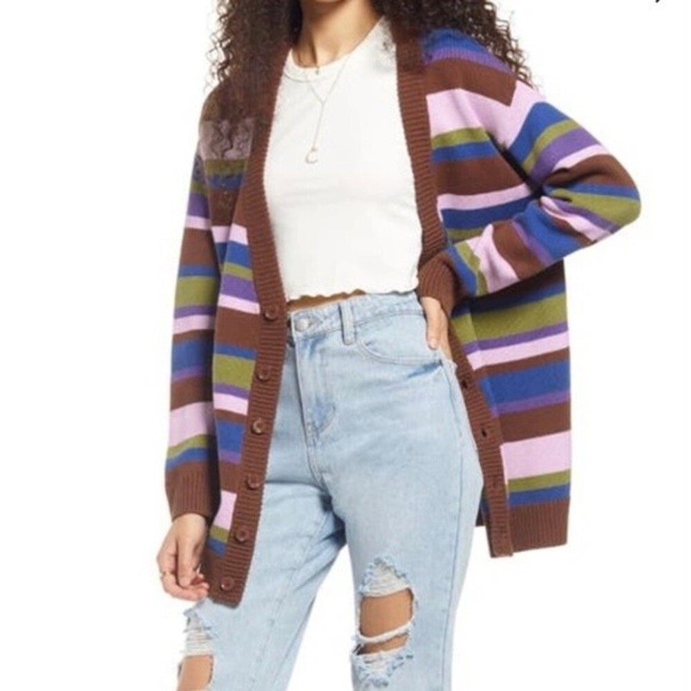 NEW Nordstrom BP Striped Oversized Cardigan Sweater Rust Pink Green Blue Size S